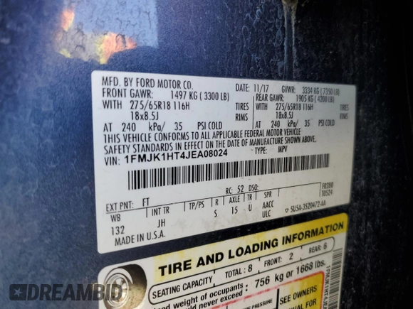 2018 Ford Expedition Max XLT with VIN 1FMJK1HT4JEA08024, listed as a Copart auction lot 49917715 with 126,266 mi miles and Salvage Title. Bid and sale history available at DreamBid. Image 12.