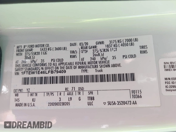 2020 Ford F-150 XL with VIN 1FTEW1E46LFB79409, listed as a IAAI auction lot 42493350 with 52,163 mi miles and . Bid and sale history available at DreamBid. Image 9.
