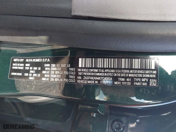 2019 Alfa Romeo Stelvio with VIN ZASPAKAN4K7C40834, listed as a IAAI auction lot 40954464 with 68,213 mi miles. Bid and sale history available at carsss.com. Image 9.