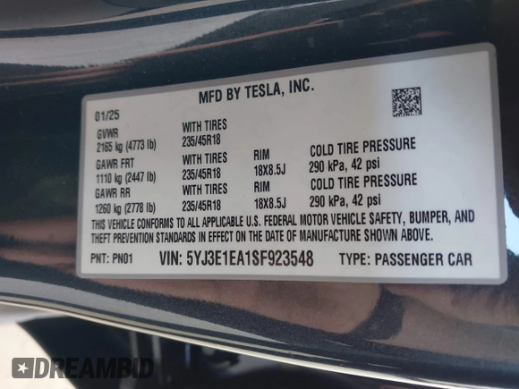 2025 Tesla Model 3 Long Range with VIN 5YJ3E1EA1SF923548, listed as a IAAI auction lot 42046257 with 3,979 mi miles and . Bid and sale history available at carsss.com. Image 9.