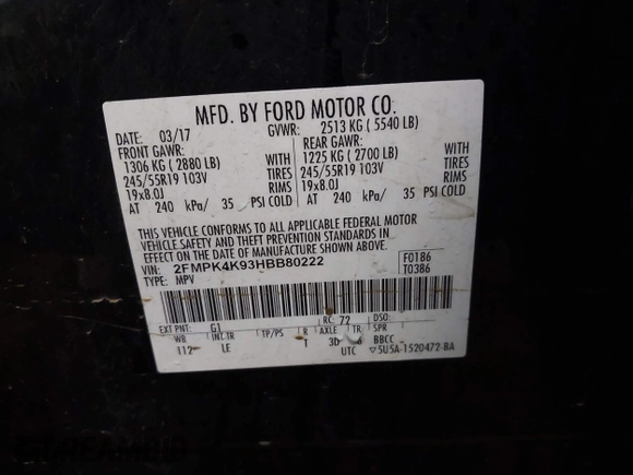 2017 Ford Edge Titanium with VIN 2FMPK4K93HBB80222, listed as a IAAI auction lot 41468774 with 166,500 mi miles. Bid and sale history available at carsss.com. Image 9.