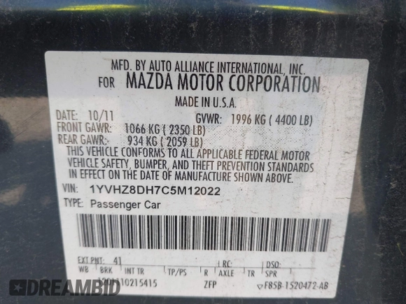 2012 Mazda 6 i Touring with VIN 1YVHZ8DH7C5M12022, listed as a IAAI auction lot 42801068 with 160,134 mi miles and . Bid and sale history available at DreamBid. Image 9.