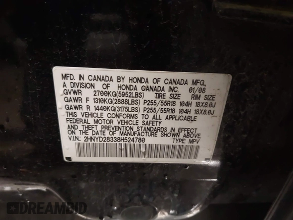 2008 Acura MDX Tech Pkg with VIN 2HNYD28338H524780, listed as a IAAI auction lot 41634455 with 175,749 mi miles. Bid and sale history available at carsss.com. Image 9.