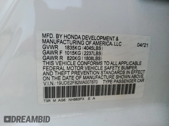 2021 Acura ILX Premium with VIN 19UDE2F82MA007870, listed as a Copart auction lot 53962685 with 23,487 mi miles and Salvage title. Bid and sale history available at DreamBid. Image 12.