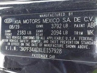 2020 Kia Forte GT-Line with VIN 3KPF34ADXLE157928, listed as a IAAI auction lot 41939584 with 50,937 mi miles. Bid and sale history available at carsss.com. Image 9.