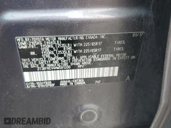 2017 Toyota RAV4 LE with VIN 2T3BFREV4HW591330, listed as a Copart auction lot 64726745 with 93,909 mi miles and Salvage title. Bid and sale history available at DreamBid. Image 13.