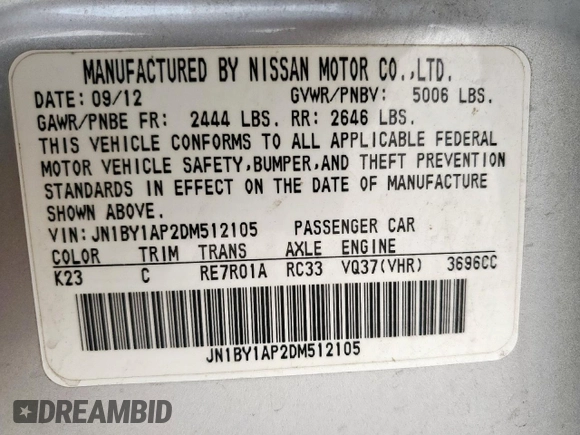 2013 Infiniti M с VIN JN1BY1AP2DM512105, выставлен на аукционе Copart как лот 57183655 с пробегом 159 180 миль миль и Списание • Salvage title. История ставок и продаж доступна на DreamBid. Изображение 13.