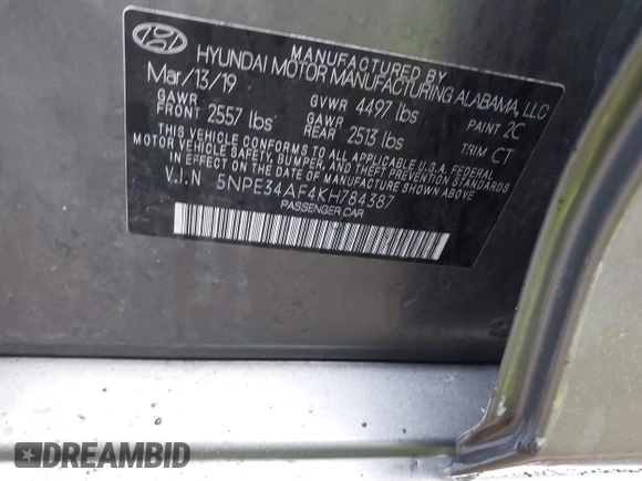 2019 Hyundai Sonata SEL with VIN 5NPE34AF4KH784387, listed as a IAAI auction lot 41882760 with 74,336 mi miles and . Bid and sale history available at DreamBid. Image 9.