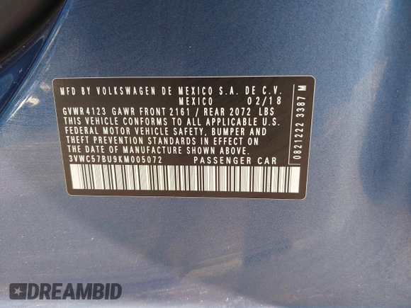 2019 Volkswagen Jetta S with VIN 3VWC57BU9KM005072, listed as a IAAI auction lot 42319827 with 63,613 mi miles and . Bid and sale history available at DreamBid. Image 9.