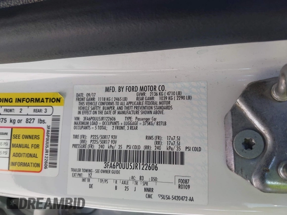 2018 Ford Fusion S z VIN 3FA6P0UU5JR122606, wystawiony jako IAAI lot #42239394 z przebiegiem 88 148 mil mil oraz . Historia ofert i sprzedaży dostępna na DreamBid. Obrazek 9.