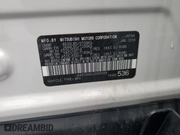 2018 Mitsubishi Eclipse Cross LE z VIN JA4AT4AA2JZ045569, wystawiony jako Copart lot #57260595 z przebiegiem 38 963 mil mil oraz Szkoda całkowita • Salvage title. Historia ofert i sprzedaży dostępna na DreamBid. Obrazek 13.