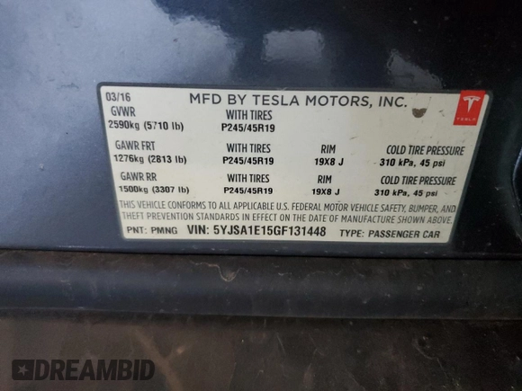 2016 Tesla Model S 70 with VIN 5YJSA1E15GF131448, listed as a Copart auction lot 57100245 with 84,503 mi miles and Clean title. Bid and sale history available at DreamBid. Image 12.