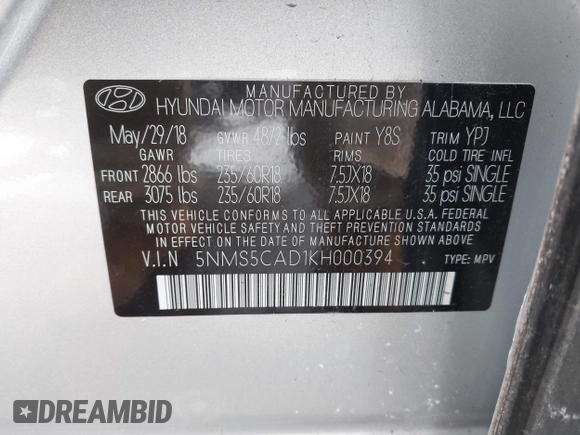 2019 Hyundai Santa Fe Ultimate with VIN 5NMS5CAD1KH000394, listed as a IAAI auction lot 41455421 with 42,886 mi miles and . Bid and sale history available at DreamBid. Image 9.