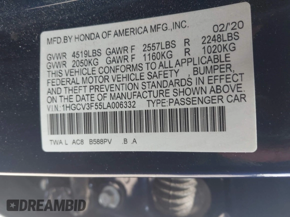 2020 Honda Accord EX-L with VIN 1HGCV3F55LA006332, listed as a IAAI auction lot 42174251 with 69,351 mi miles and . Bid and sale history available at DreamBid. Image 9.