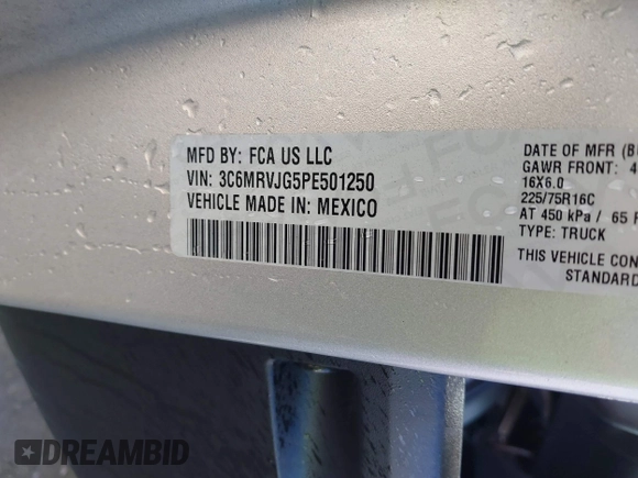2023 Ram ProMaster Cargo with VIN 3C6MRVJG5PE501250, listed as a IAAI auction lot 40670587 with 97,369 mi miles and . Bid and sale history available at DreamBid. Image 9.