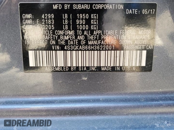 2017 Subaru Impreza Premium with VIN 4S3GKAB66H3622001, listed as a Copart auction lot 57838705 with 105,106 mi miles and Salvage title. Bid and sale history available at DreamBid. Image 12.
