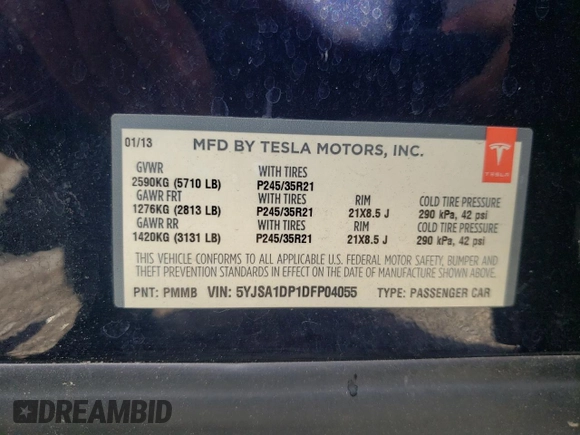 2013 Tesla Model S Performance с VIN 5YJSA1DP1DFP04055, выставлен на аукционе Copart как лот 57418615 с пробегом Не указан миль и Списание • Salvage title. История ставок и продаж доступна на DreamBid. Изображение 12.