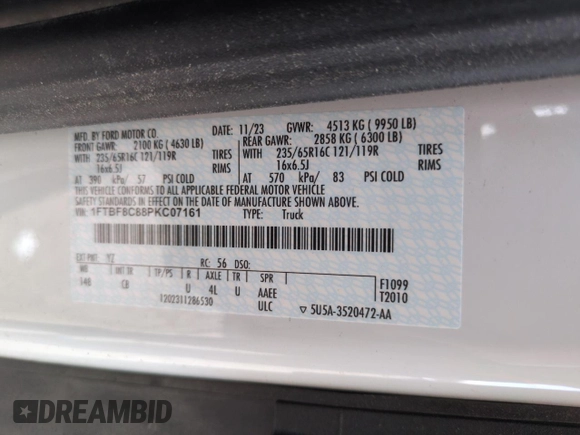 2023 Ford Transit with VIN 1FTBF8C88PKC07161, listed as a Copart auction lot 51319765 with 10,384 mi miles and Salvage Title. Bid and sale history available at DreamBid. Image 13.