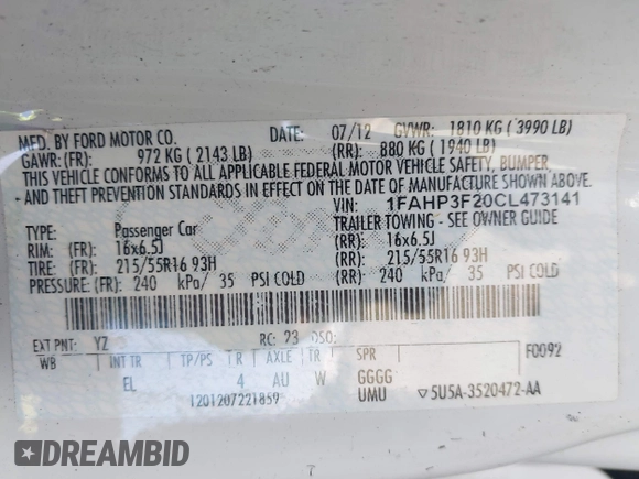 2012 Ford Focus SE with VIN 1FAHP3F20CL473141, listed as a IAAI auction lot 41776178 with 112,777 mi miles and . Bid and sale history available at DreamBid. Image 9.