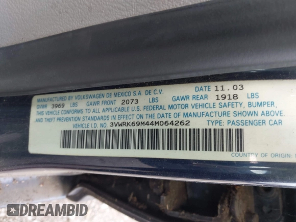 2004 Volkswagen Jetta GL with VIN 3VWRK69M44M064262, listed as a IAAI auction lot 42617140 with 177,614 mi miles and . Bid and sale history available at DreamBid. Image 9.