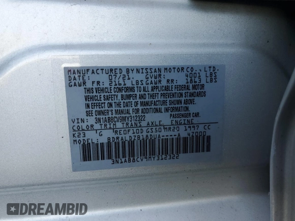 2021 Nissan Sentra SV z VIN 3N1AB8CV9MY312322, wystawiony jako Copart lot #60218705 z przebiegiem 25 307 mil mil oraz Szkoda całkowita • Salvage title. Historia ofert i sprzedaży dostępna na DreamBid. Obrazek 12.
