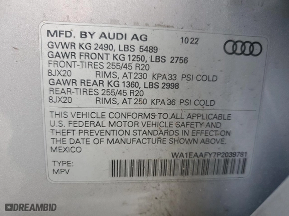 2023 Audi Q5 S line Premium Plus with VIN WA1EAAFY7P2039781, listed as a Copart auction lot 87399094 with 32,409 mi miles and Salvage Title. Bid and sale history available at carsss.com. Image 13.