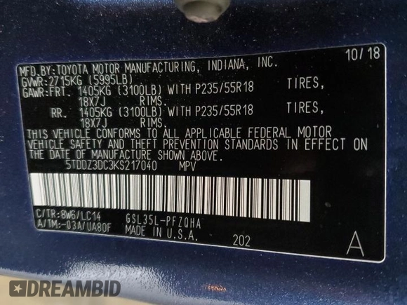 2019 Toyota Sienna XLE with VIN 5TDDZ3DC3KS217040, listed as a Copart auction lot 61556495 with 85,309 mi miles and Salvage title. Bid and sale history available at DreamBid. Image 13.
