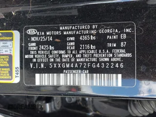 2015 Kia Optima LX with VIN 5XXGM4A72FG432246, listed as a IAAI auction lot 42047406 with Not Provided miles and . Bid and sale history available at DreamBid. Image 9.