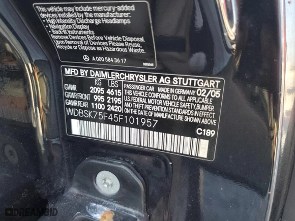 2005 Mercedes-Benz SL-Class 5.0L with VIN WDBSK75F45F101957, listed as a Copart auction lot 45028635 with 230,649 mi miles and Clean Title. Bid and sale history available at carsss.com. Image 12.