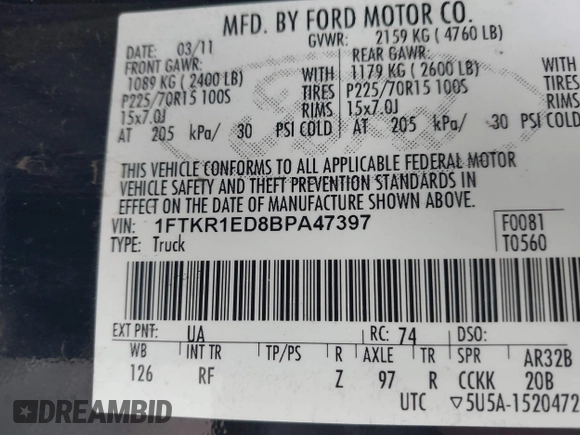 2011 Ford Ranger XL with VIN 1FTKR1ED8BPA47397, listed as a IAAI auction lot 41643122 with 97,926 mi miles and . Bid and sale history available at DreamBid. Image 9.