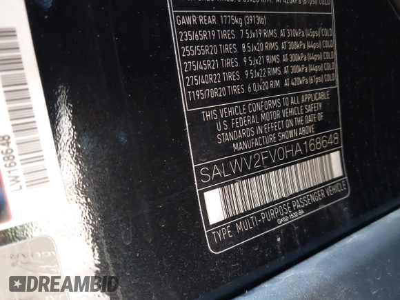 2017 Land Rover Range Rover Sport HSE Dynamic with VIN SALWV2FV0HA168648, listed as a IAAI auction lot 41459847 with 70,280 mi miles and . Bid and sale history available at DreamBid. Image 9.