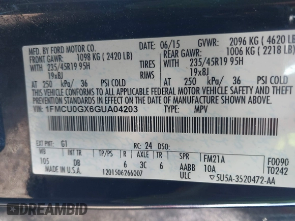2016 Ford Escape SE with VIN 1FMCU0GX6GUA04203, listed as a IAAI auction lot 41840108 with 85,459 mi miles. Bid and sale history available at carsss.com. Image 9.