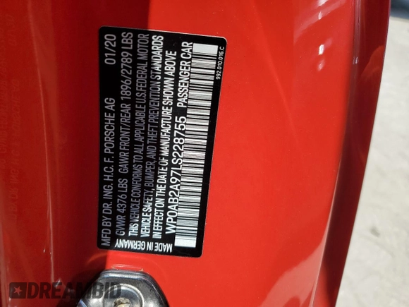 2020 Porsche 911 Carrera S with VIN WP0AB2A97LS228755, listed as a Copart auction lot 51216643 with Not Provided miles and . Bid and sale history available at DreamBid. Image 13.