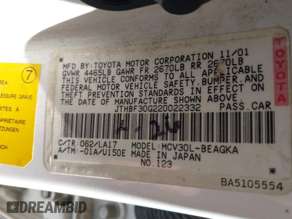 2002 Lexus ES 300 with VIN JTHBF30G220022332, listed as a IAAI auction lot 42397702 with 213,850 mi miles and . Bid and sale history available at DreamBid. Image 9.