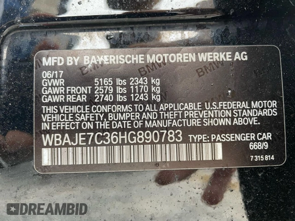 2017 BMW 5 Series 540i xDrive with VIN WBAJE7C36HG890783, listed as a Copart auction lot 55098475 with 128,332 mi miles and Clean title. Bid and sale history available at DreamBid. Image 10.