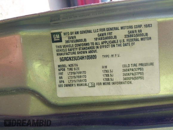2004 Hummer H2 z VIN 5GRGN23U34H105809, wystawiony jako IAAI lot #42456055 z przebiegiem Nie podano mil oraz . Historia ofert i sprzedaży dostępna na DreamBid. Obrazek 9.