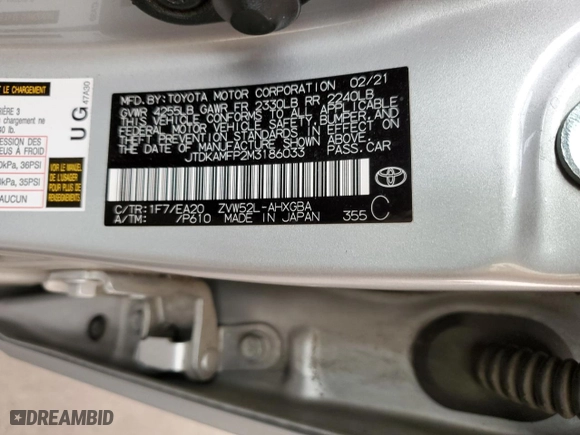 2021 Toyota Prius Prime LE with VIN JTDKAMFP2M3186033, listed as a Copart auction lot 87855805 with 0 mi miles and Salvage Title. Bid and sale history available at carsss.com. Image 13.