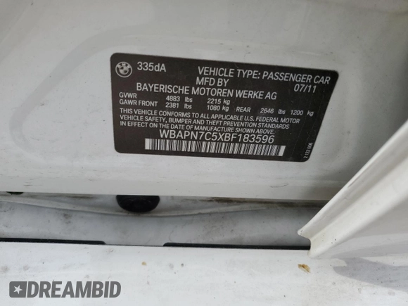2011 BMW 3 Series 335d with VIN WBAPN7C5XBF183596, listed as a Copart auction lot 55330235 with 103,383 mi miles and Salvage title. Bid and sale history available at DreamBid. Image 12.
