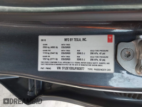 2018 Tesla Model 3 Long Range Battery with VIN 5YJ3E1EB5JF063077, listed as a IAAI auction lot 41773551 with 99,477 mi miles and . Bid and sale history available at DreamBid. Image 9.