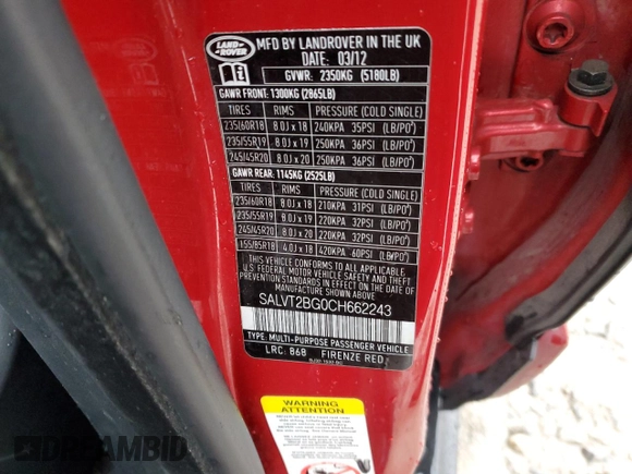 2012 Land Rover Range Rover Evoque Dynamic Premium с VIN SALVT2BG0CH662243, выставлен на аукционе Copart как лот 79749184 с пробегом 124 509 миль миль и Списание • Salvage title. История ставок и продаж доступна на DreamBid. Изображение 13.