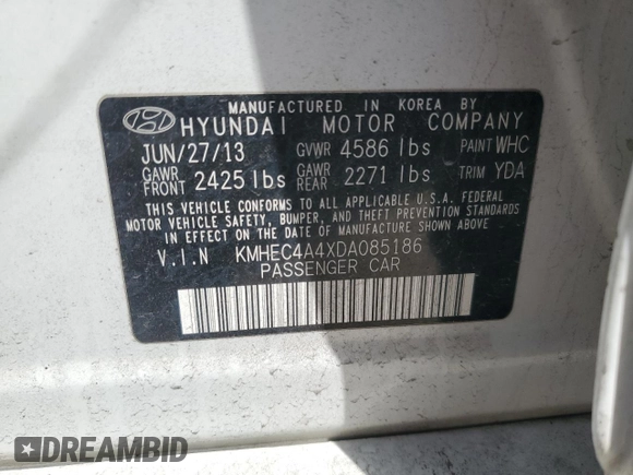 2013 Hyundai Sonata with VIN KMHEC4A4XDA085186, listed as a Copart auction lot 54975385 with 129,053 mi miles and Clean Title. Bid and sale history available at carsss.com. Image 12.