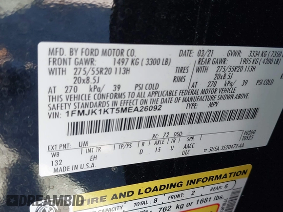 2021 Ford Expedition Max Limited с VIN 1FMJK1KT5MEA26092, выставлен на аукционе IAAI как лот 41794464 с пробегом 92 731 миль миль и . История ставок и продаж доступна на DreamBid. Изображение 9.