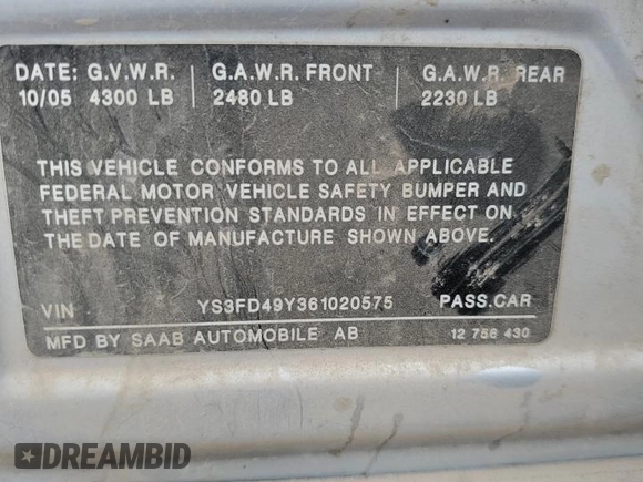 2006 Saab 9-3 z VIN YS3FD49Y361020575, wystawiony jako Copart lot #71312924 z przebiegiem 183 384 mil mil oraz Szkoda całkowita • Salvage title. Historia ofert i sprzedaży dostępna na DreamBid. Obrazek 12.