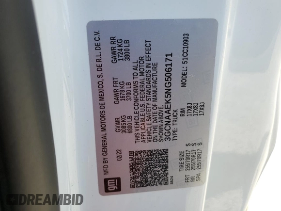 2022 Chevrolet Silverado 1500 Work Truck with VIN 3GCNAAEK5NG506171, listed as a Copart auction lot 51511364 with 31,285 mi miles and Salvage Title. Bid and sale history available at DreamBid. Image 13.