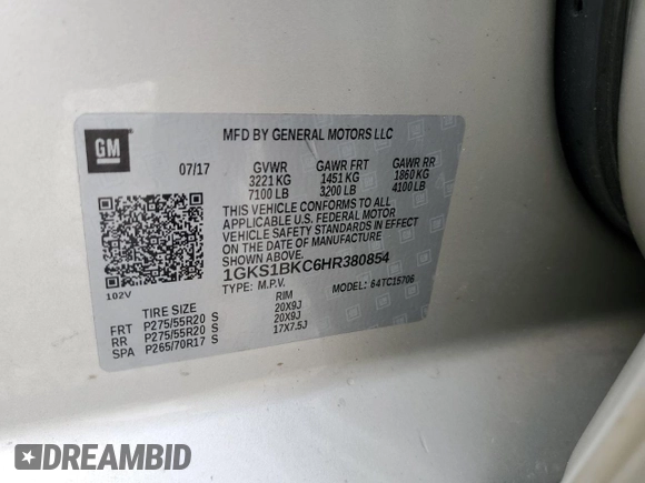 2017 GMC Yukon SLT with VIN 1GKS1BKC6HR380854, listed as a Copart auction lot 70372824 with 188,710 mi miles and Salvage Title. Bid and sale history available at carsss.com. Image 13.