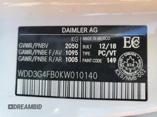 2019 Mercedes-Benz A 220 with VIN WDD3G4FB0KW010140, listed as a Copart auction lot 54116585 with 66,721 mi miles and Salvage Title. Bid and sale history available at DreamBid. Image 13.