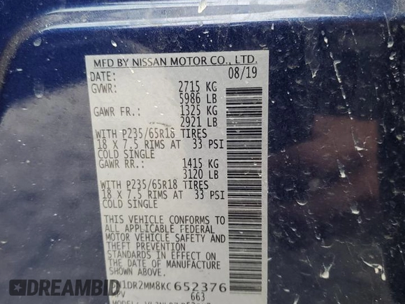 2019 Nissan Pathfinder S z VIN 5N1DR2MM8KC652376, wystawiony jako Copart lot #51892774 z przebiegiem 75 359 mil mil oraz Szkoda całkowita • Salvage title. Historia ofert i sprzedaży dostępna na DreamBid. Obrazek 16.