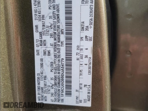 2013 Ford Escape SE with VIN 1FMCU0G95DUA54779, listed as a Copart auction lot 58428065 with 195,284 mi miles and Clean title. Bid and sale history available at DreamBid. Image 13.