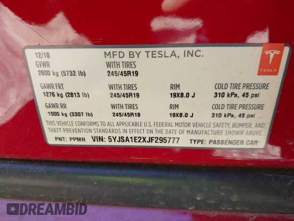 2018 Tesla Model S 75D with VIN 5YJSA1E2XJF295777, listed as a IAAI auction lot 41694540 with 70,428 mi miles and . Bid and sale history available at DreamBid. Image 9.