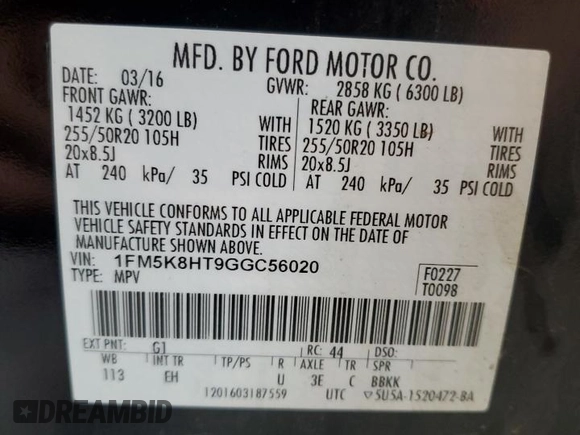 2016 Ford Explorer Platinum with VIN 1FM5K8HT9GGC56020, listed as a Copart auction lot 57025385 with 139,316 mi miles and Salvage Title. Bid and sale history available at DreamBid. Image 14.